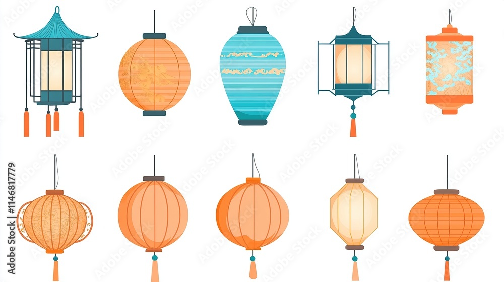 Traditional Chinese Lantern Vector Elements on White Background, Flat Design Style for Graphic Design Flexibility. Traditional Chinese Lantern Vector Elements on White Background, Flat Design Style for Graphic Design Flexibility.