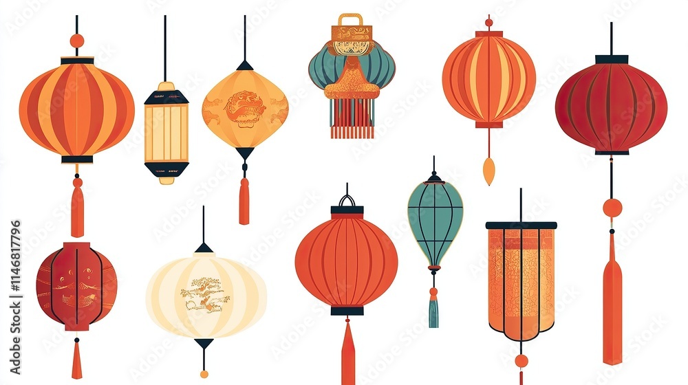 Traditional Chinese Lantern Vector Elements on White Background, Flat Design Style for Graphic Design Flexibility. Traditional Chinese Lantern Vector Elements on White Background, Flat Design Style for Graphic Design Flexibility.