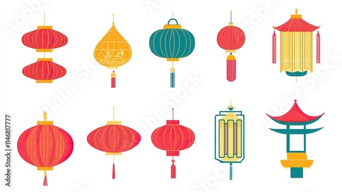 Traditional Chinese Lantern Vector Elements on White Background, Flat Design Style for Graphic Design Flexibility. 