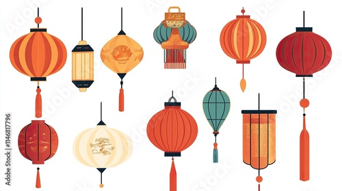 Traditional Chinese Lantern Vector Elements on White Background, Flat Design Style for Graphic Design Flexibility. 