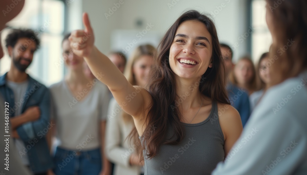 Fototapeta premium A cheerful young woman with long dark hair enthusiastically gives a thumbs up, radiating positivity in a vibrant group of people. Her bright smile and engaging demeanor create an uplifting atmosphere