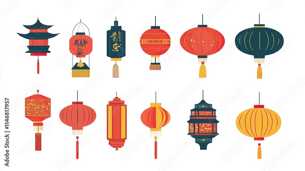 Traditional Chinese Lantern Vector Elements on White Background, Flat Design Style for Graphic Design Flexibility. Traditional Chinese Lantern Vector Elements on White Background, Flat Design Style for Graphic Design Flexibility.