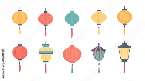 Traditional Chinese Lantern Vector Elements on White Background, Flat Design Style for Graphic Design Flexibility. 