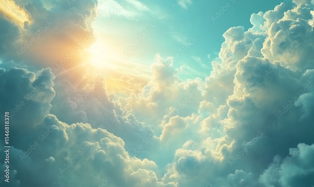 A serene sky filled with soft clouds and radiant sunlight breaking through. A serene sky filled with soft clouds and radiant sunlight breaking through.
