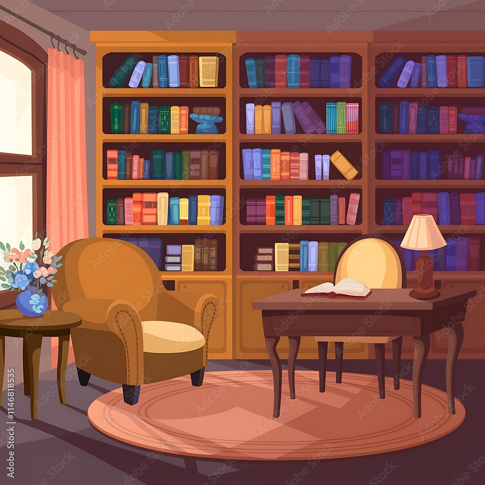 Cozy Reading Room With Bookshelves And Comfortable Chair Cozy Reading Room With Bookshelves And Comfortable Chair