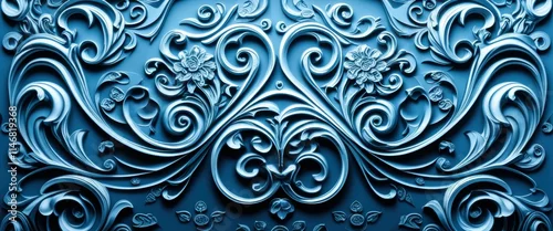 Fototapeta na wymiar Ornate baroque scrollwork, intricate floral motifs, metallic blue patina, symmetrical design, architectural detail, carved relief, textured surface, vintage embellishment, rich teal color, decorative 