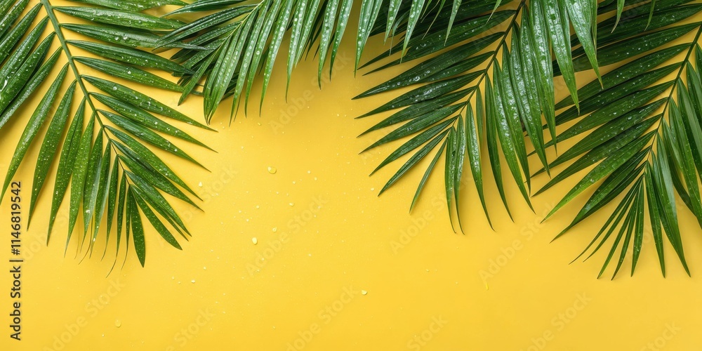 Fototapeta premium Vibrant Green Palm Fronds with Water Drops on a Sunny Yellow Background