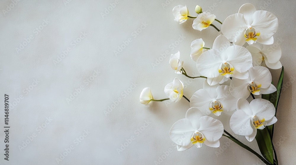 Elegant arrangement of orchids in a modern office setting, overhead shot, Minimalist style Elegant arrangement of orchids in a modern office setting, overhead shot, Minimalist style