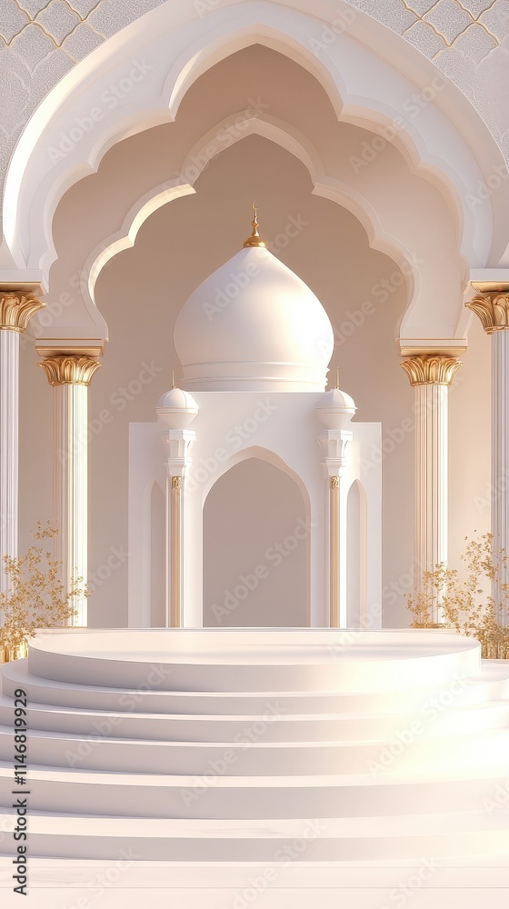 Fototapeta premium Serene White Mosque Architecture: Elegant Dome and Circular Staircase