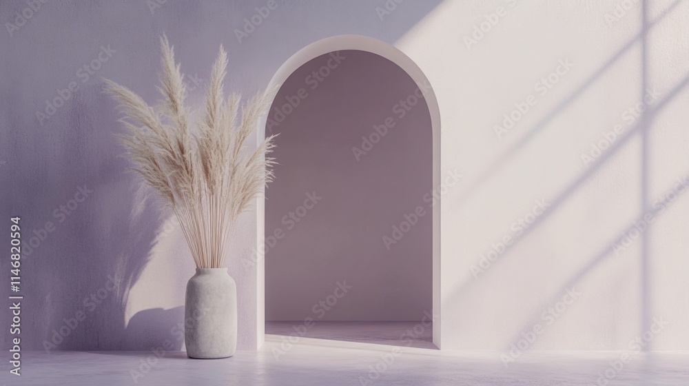 Minimalist Interior with Pampas Grass and Archway in Soft Light Minimalist Interior with Pampas Grass and Archway in Soft Light