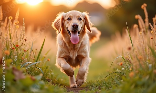 Golden Retriever Running in a Sunset Meadow photo