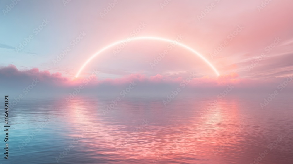 Pastel sunset sky with glowing arc reflected in calm water. Pastel sunset sky with glowing arc reflected in calm water.