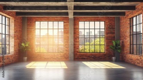 Bright and Spacious Urban Loft with Large Windows Showcasing City View and Natural Light in Modern Industrial Interior Design Style