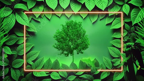Lush green leaves frame a vibrant, stylized tree in a neon-lit frame.  Perfect for eco-friendly themes, nature concepts, and spring designs.