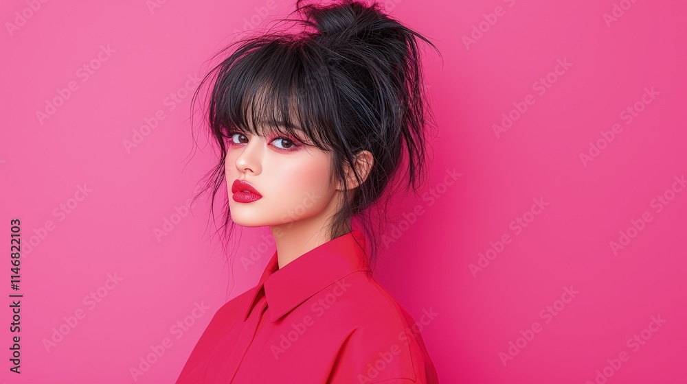 Stylish young woman with red lipstick and high ponytail against pink background. Stylish young woman with red lipstick and high ponytail against pink background.