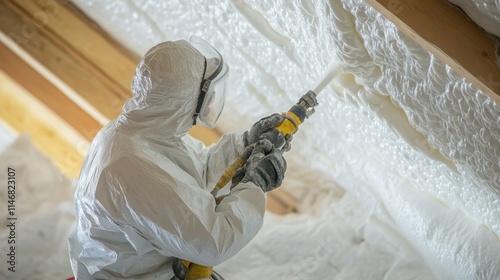Worker Applying Spray Foam Insulation in Residential Attic Space