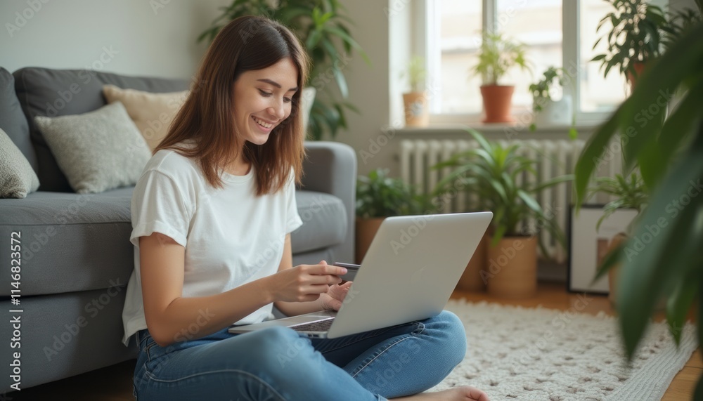 A cheerful young woman sits cross-legged on a soft rug, engaged with her laptop in a bright, plant-filled living room. The scene radiates warmth and productivity, showcasing a perfect blend of comfort A cheerful young woman sits cross-legged on a soft rug, engaged with her laptop in a bright, plant-filled living room. The scene radiates warmth and productivity, showcasing a perfect blend of comfort