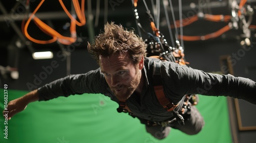 Man in harness simulating flight on a green screen set