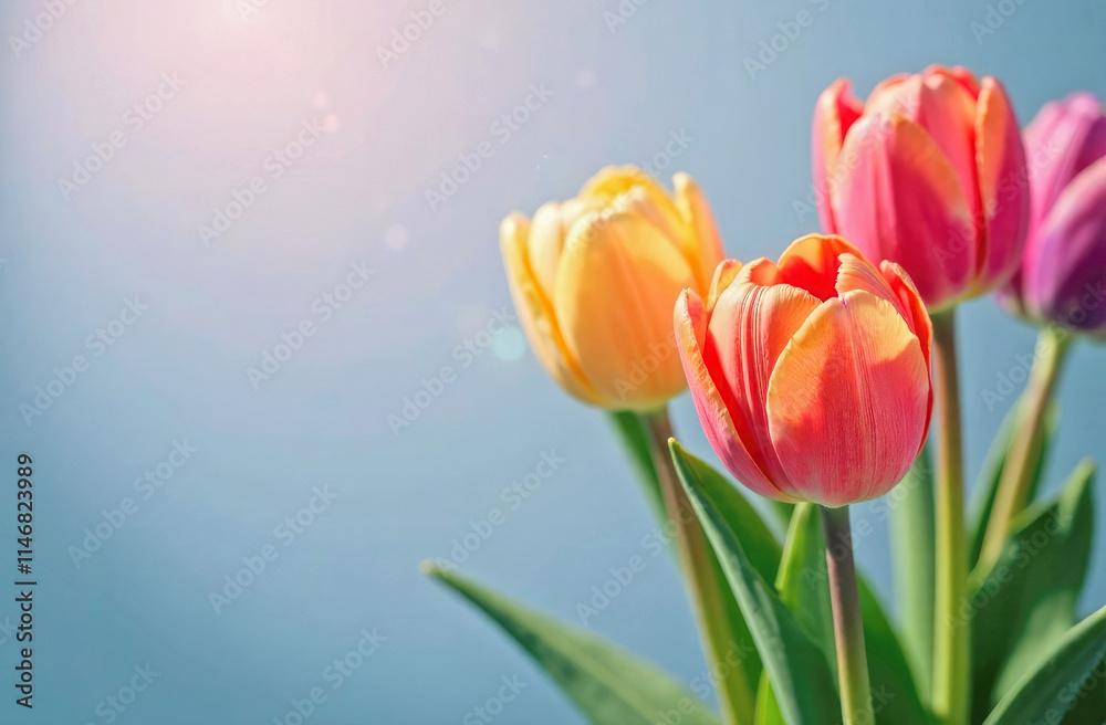 Fototapeta premium Close up fresh colorful tulips on blue background with spase for text. Copy space