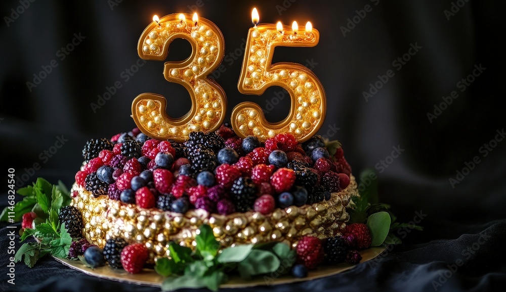 Thirty-Five Birthday Celebration Cake Adorned with Luscious Berries and Golden Accents Thirty-Five Birthday Celebration Cake Adorned with Luscious Berries and Golden Accents