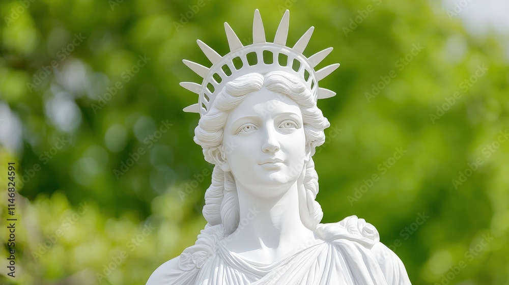 Close-up of a white statue head with a crown, set against a blurred green background. Close-up of a white statue head with a crown, set against a blurred green background.