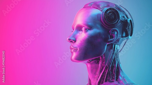 Futuristic robotic head with vibrant neon colors