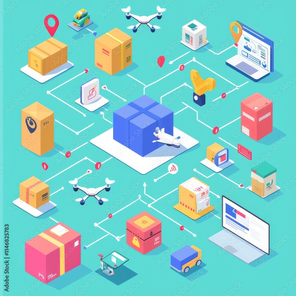 A colorful illustration of modern delivery systems and logistics management. A colorful illustration of modern delivery systems and logistics management.