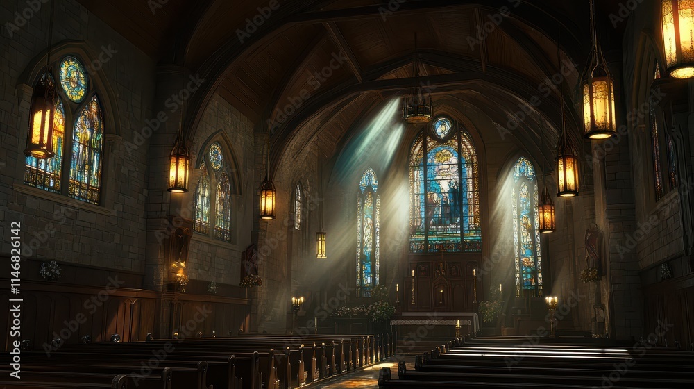 Serene and Majestic Interior of a Gothic Church with Stained Glass Windows Illuminated by Soft Sunlight and Tranquil Atmosphere Inviting Reflection and Contemplation Serene and Majestic Interior of a Gothic Church with Stained Glass Windows Illuminated by Soft Sunlight and Tranquil Atmosphere Inviting Reflection and Contemplation