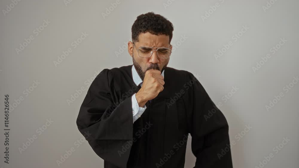 Judge in gown - young hispanic man standing and coughing with cold symptoms, emphasizing health care concerns, bronchitis feeling unwell over isolated white background in sickness