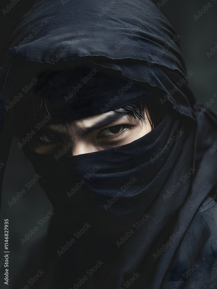 Mysterious Ninja Portrait: A Shadowy Figure in Black Mysterious Ninja Portrait: A Shadowy Figure in Black