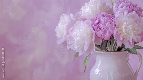 Fototapeta Naklejka Na Ścianę i Meble -  Elegant peonies in a vintage ceramic vase against a soft lavender backdrop, close-up shot, Romantic style