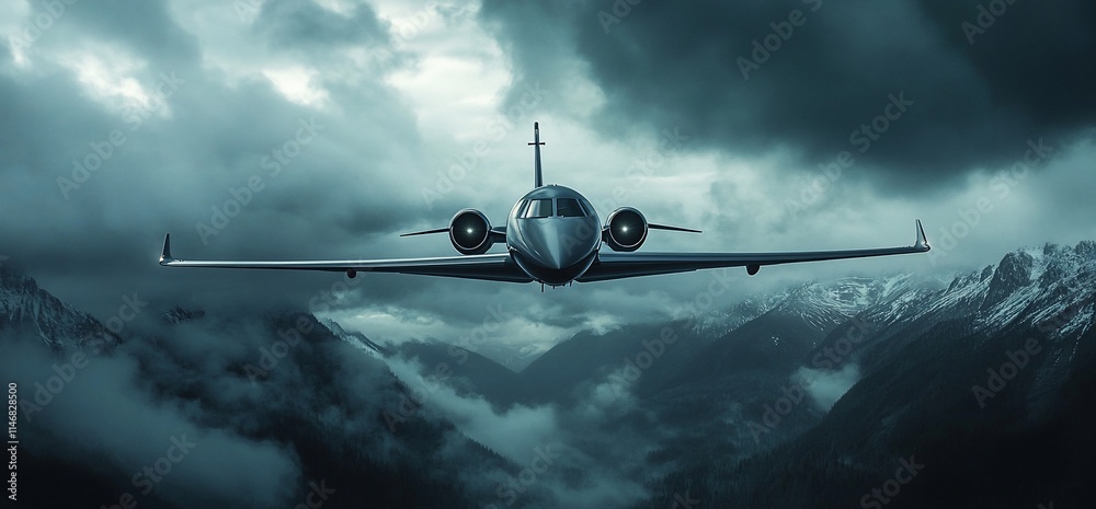 A sleek jet flying through dramatic clouds and mountains. A sleek jet flying through dramatic clouds and mountains.