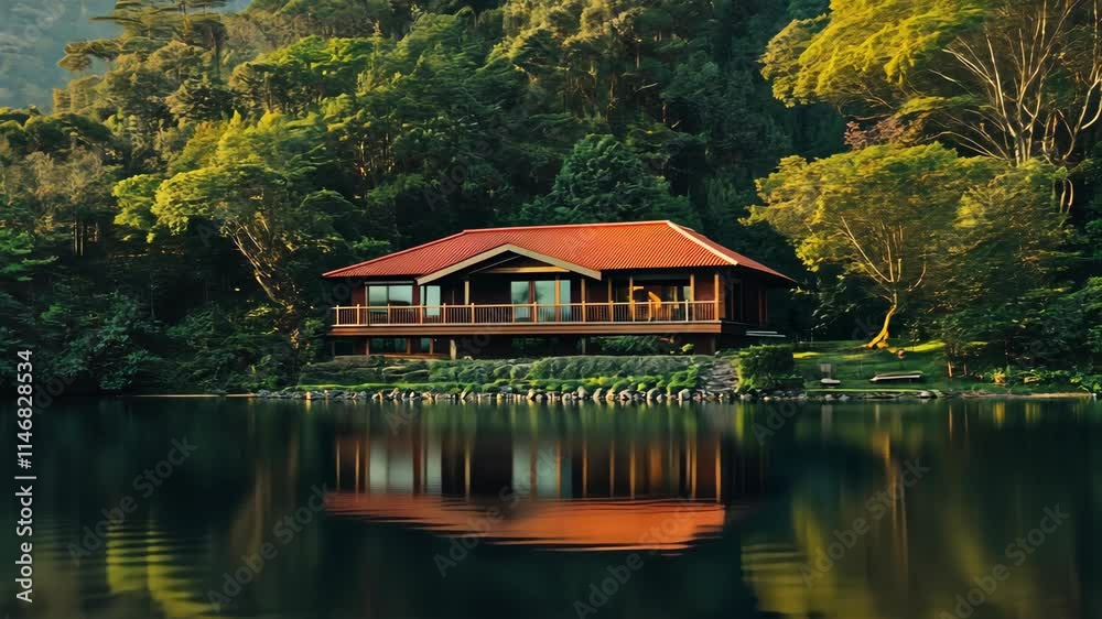 Beautiful lakeside house surrounded by trees reflecting in calm water during sunset Beautiful lakeside house surrounded by trees reflecting in calm water during sunset