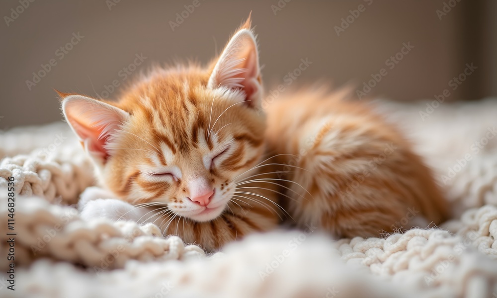Adorable Ginger Kitten Sleeping Peacefully on a Cozy Knit Blanket Adorable Ginger Kitten Sleeping Peacefully on a Cozy Knit Blanket