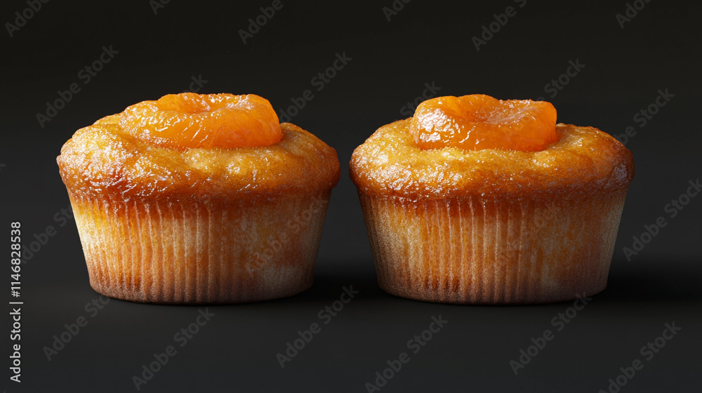 Freshly baked orange glazed muffins on a dark background. Freshly baked orange glazed muffins on a dark background.