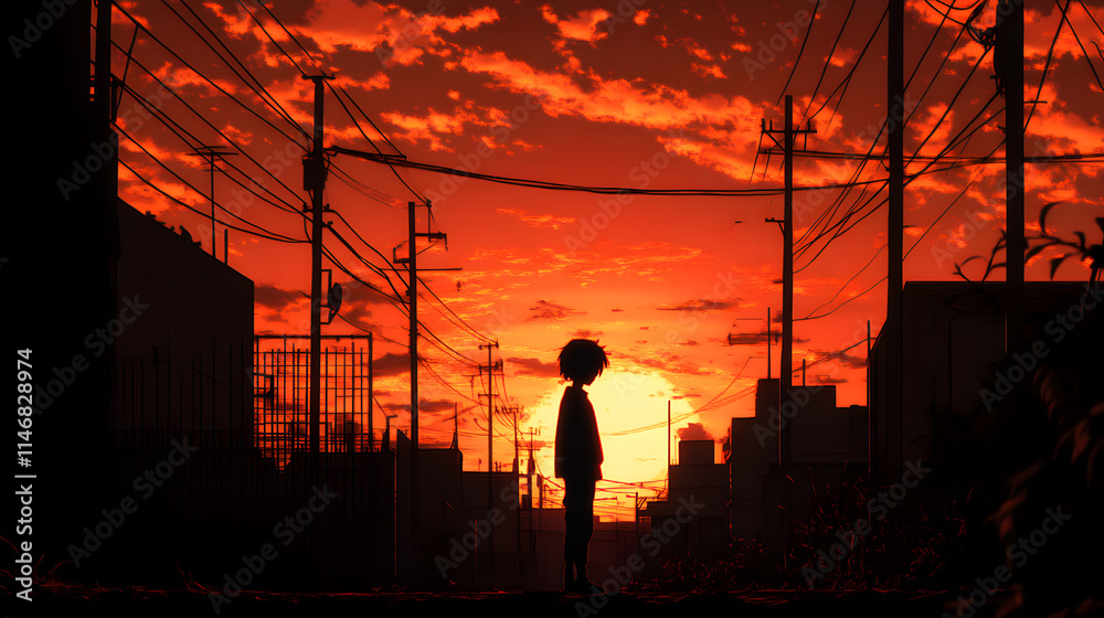 Fototapeta premium Sunset Silhouette: A Solitary Figure in an Urban Landscape