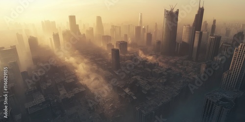 Urban skyline shrouded in morning mist and golden light