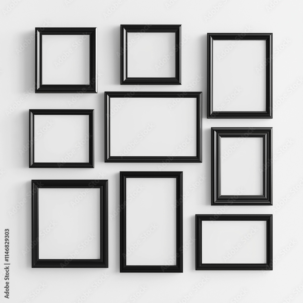 Photorealistic Collage of Black Frames with Blank White Inserts on White Wall Photorealistic Collage of Black Frames with Blank White Inserts on White Wall