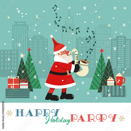 Fancy winter Holiday hand drawn vector poster. Santa playing Christmas melody on sax cartoon design element, retro color minimal style. Winter New Year holidays season event background illustration