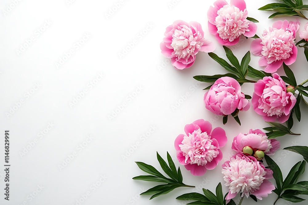 Fototapeta premium Pink peonies in flat lay style on white background, top view, space for product presentation.