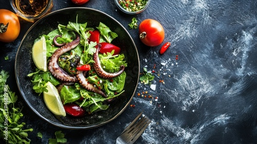 Grilled octopus salad with tomatoes, lime, and herbs in a dark bowl. photo