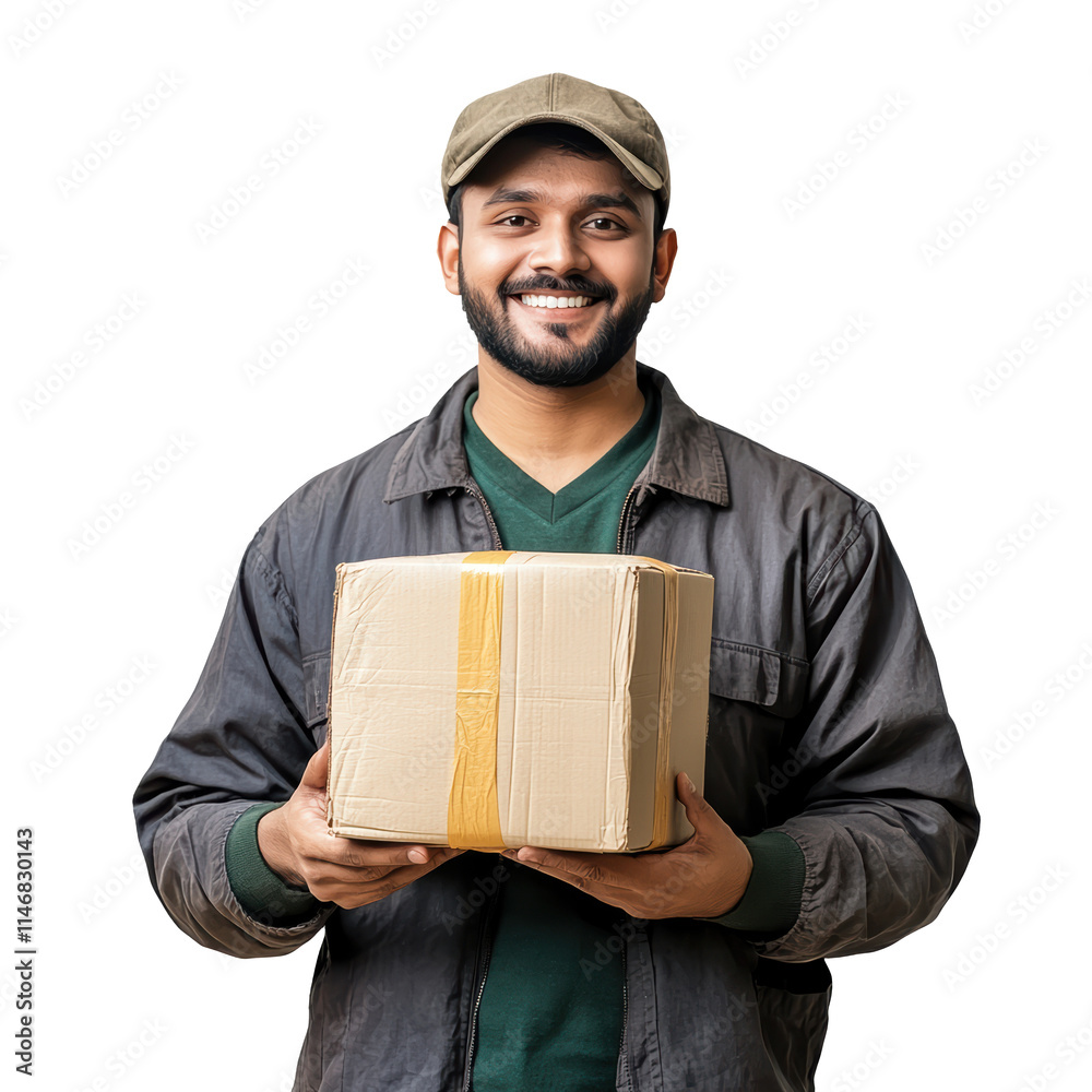 Delivery man worker in cap holding a parcel for customer, on transparent background PNG Delivery man worker in cap holding a parcel for customer, on transparent background PNG