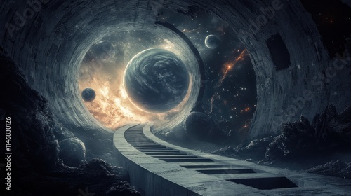Cosmic tunnel pathway leads to planets and nebulae.