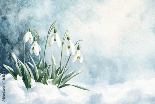 Delicate Snowdrop Flowers Emerging from Snow in a Soft Pastel Blue Background Illustrating the Tranquility of Winter's Transition to Spring