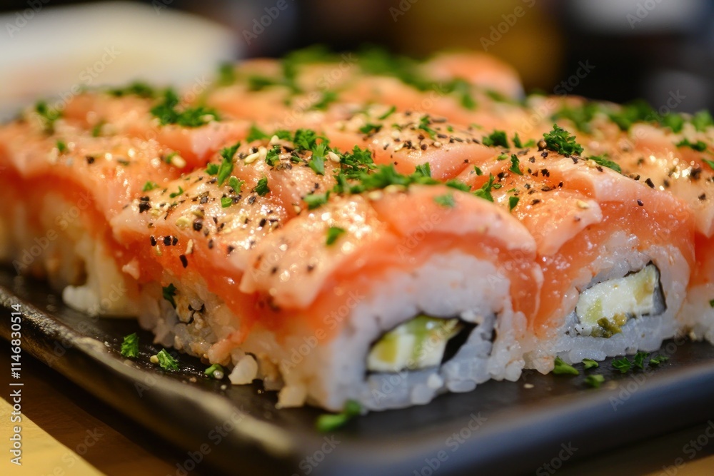 Freshly Made Sushi Rolls Topped with Salmon and Garnished with Chives Served on a Black Slate Plate in a Japanese Restaurant Setting Freshly Made Sushi Rolls Topped with Salmon and Garnished with Chives Served on a Black Slate Plate in a Japanese Restaurant Setting