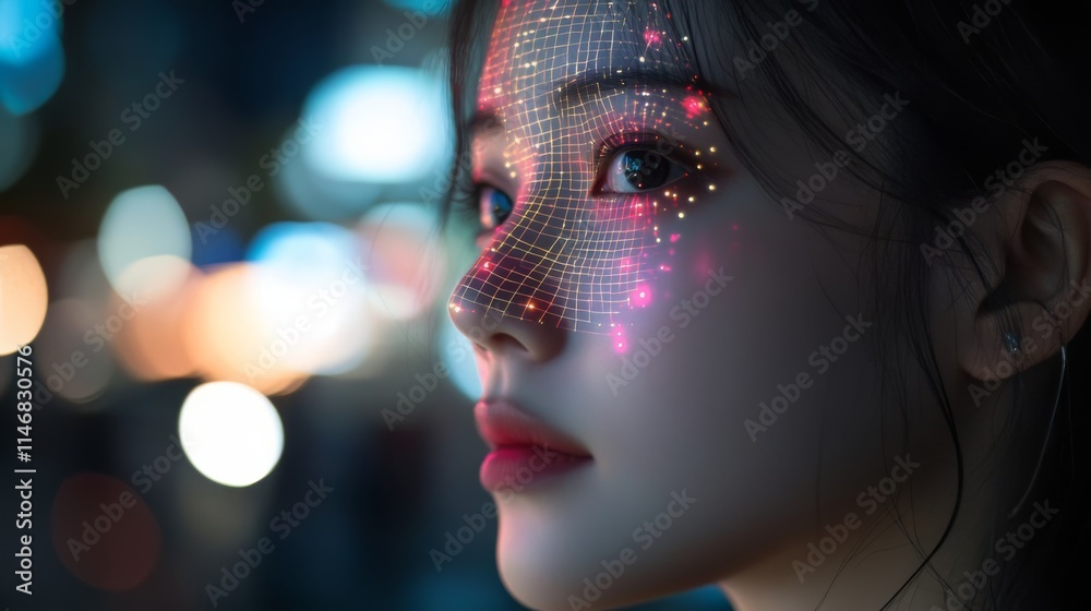 Futuristic Face Scan Art: Digital Woman in the Night