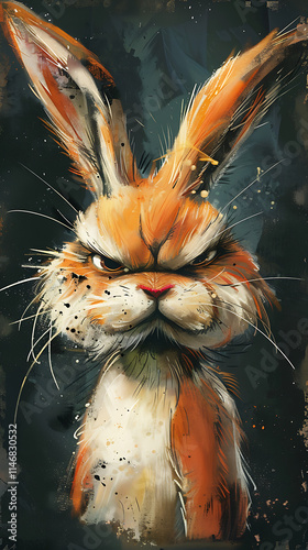 A cute rabbit with a bad mood, annoyed expression on a black background