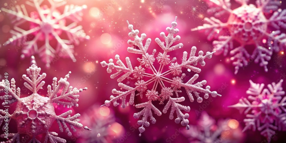 A delicate and intricate snowflake with frosty details, suspended against a shimmering pink backdrop, with bokeh lights adding a magical glow. A delicate and intricate snowflake with frosty details, suspended against a shimmering pink backdrop, with bokeh lights adding a magical glow.