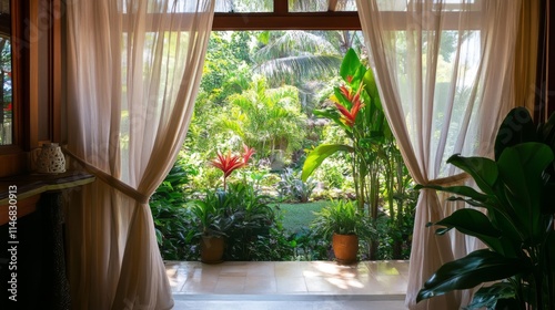 Tropical Garden View Through Sheer Curtains. Lush Garden with Vibrant Flowers and Lush Greenery. Peaceful and Tranquil Outdoor Scene.