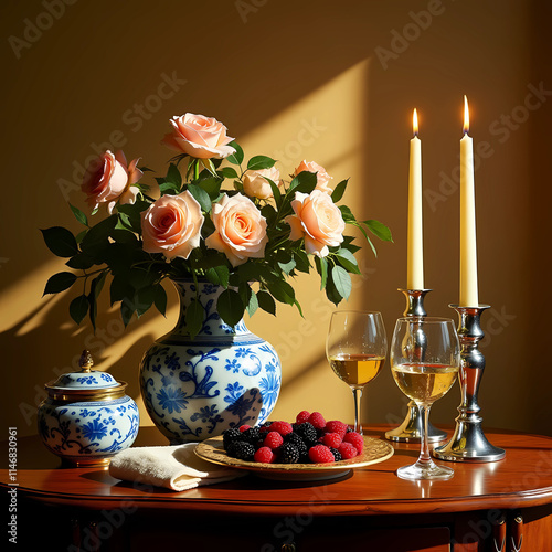 Elegant table setting with crystal wine glasses and peach roses in porcelain vases with soft candle lighting